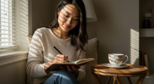 Woman smiling while writing in journal at home with coffee cup, documenting family legacy stories and memories