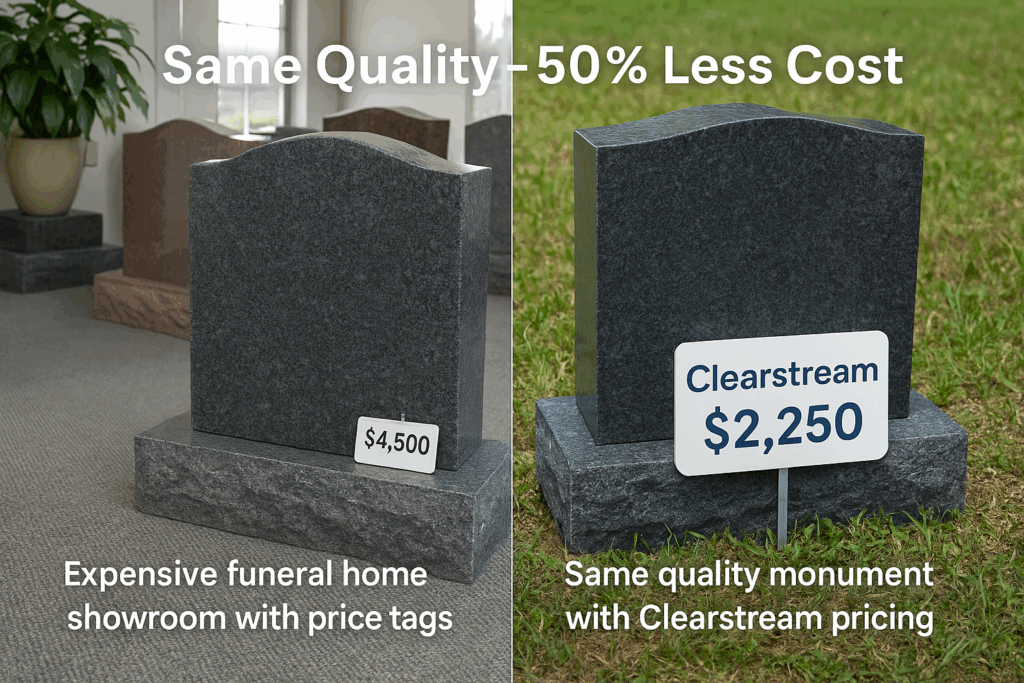 Clearstream monuments cost comparison funeral home vs direct pricing 2025