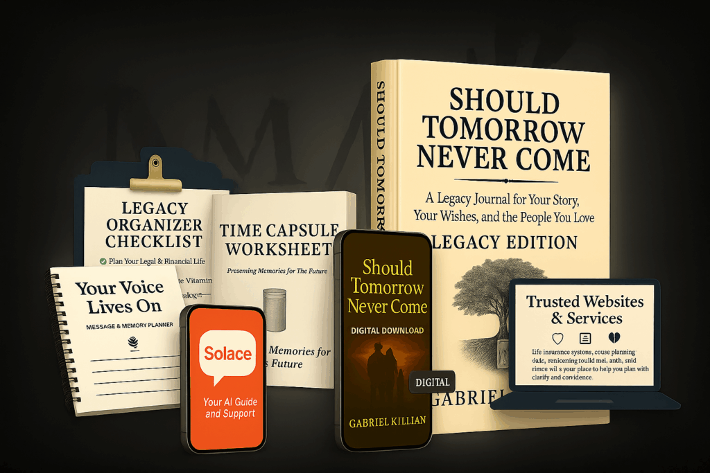 Legacy Journal and bonus tools including planner, checklists, Solace AI, digital download, and trusted resources.