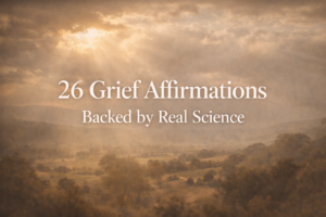 Sunlight breaking through clouds over a peaceful landscape, representing hope and healing through science-backed grief affirmations