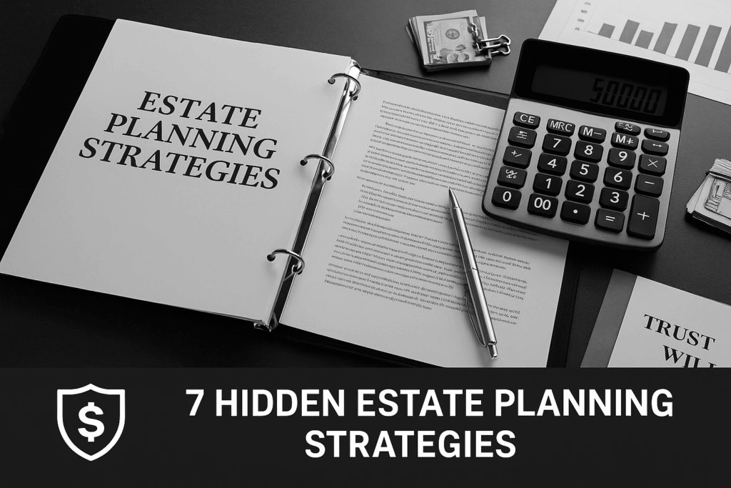 Flat lay of estate planning strategies binder, calculator showing $50,000, legal documents, and pen, with black banner reading 7 Hidden Estate Planning Strategies.