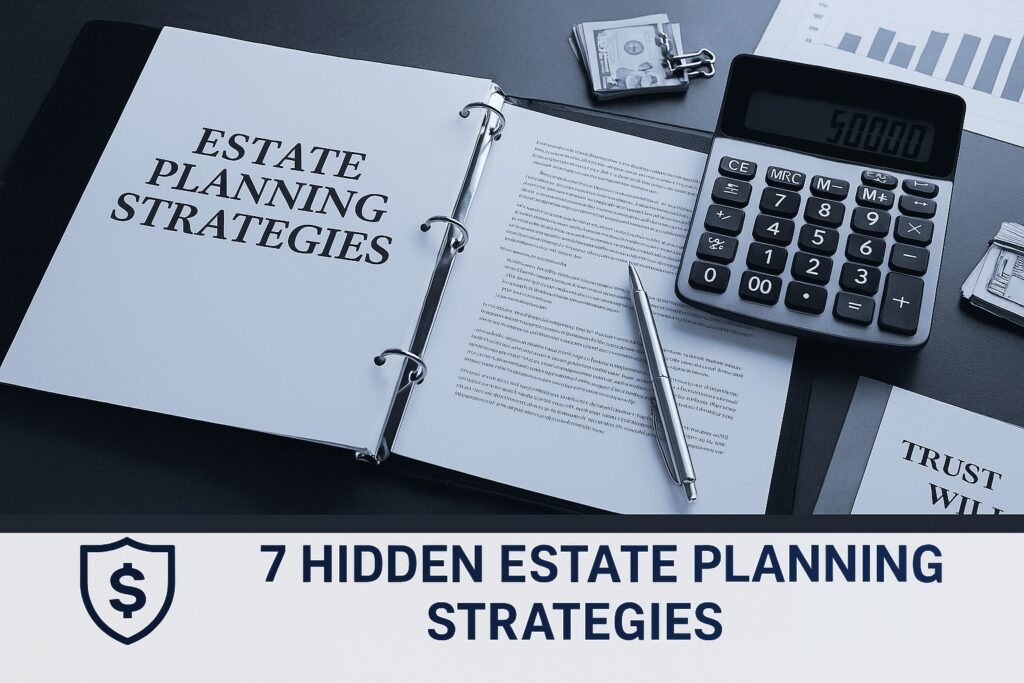 Estate planning strategies binder, living trust and last will documents, calculator showing $50,000, and pen, black banner reading 7 Hidden Estate Planning Strategies.