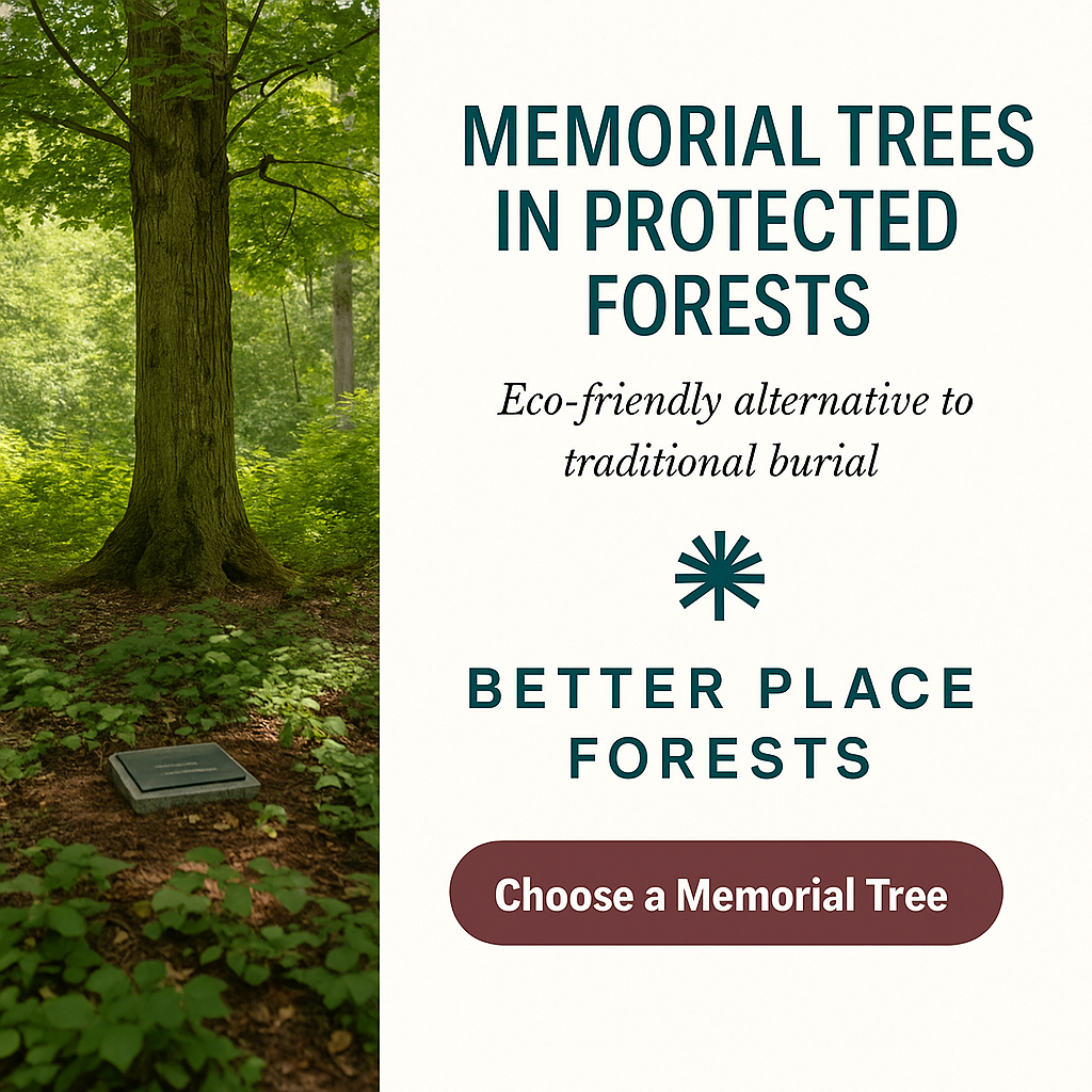 Featured image showing a memorial tree in a protected forest with custom plaque, promoting eco-friendly alternatives to traditional burial with Better Place Forests.