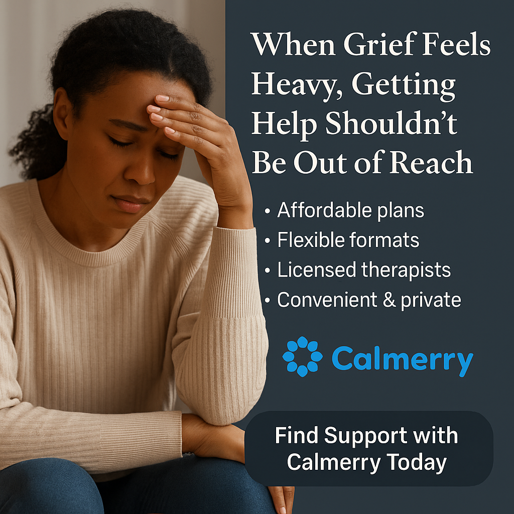 Digital graphic promoting Calmerry’s online therapy services for grief and loss, highlighting private, affordable, and compassionate care.