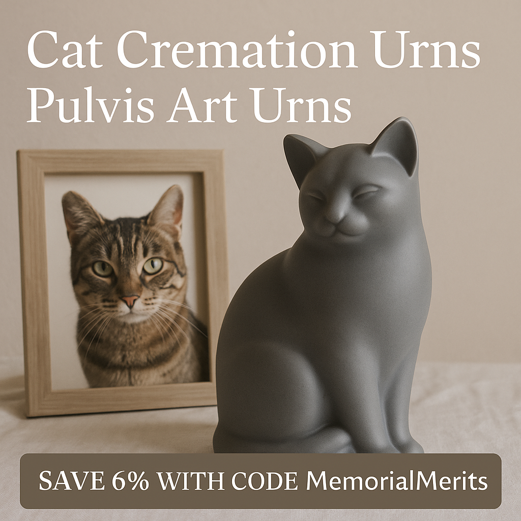 Pulvis cat cremation urn with tabby photo and MemorialMerits coupon overlay