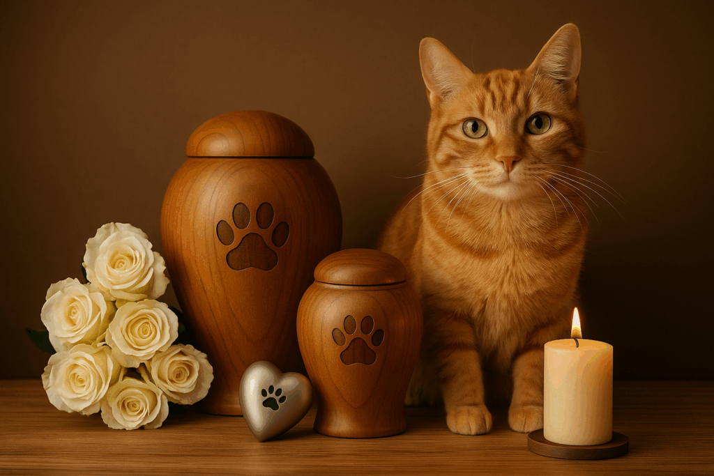 Ginger tabby cat sitting beside wooden cremation urns with pawprint engravings, a silver heart-shaped keepsake, white roses, and a lit candle.