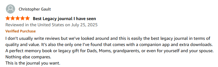 Five star Amazon review by Christopher Gault saying "Best Legacy journal I have seen" with verified purchase badge, praising journal quality and companion app features
