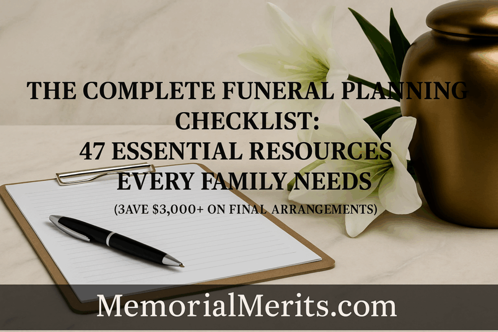 Complete funeral planning checklist guide showing 47 essential resources to save families $3000+ on final arrangements with elegant lily and memorial urn
