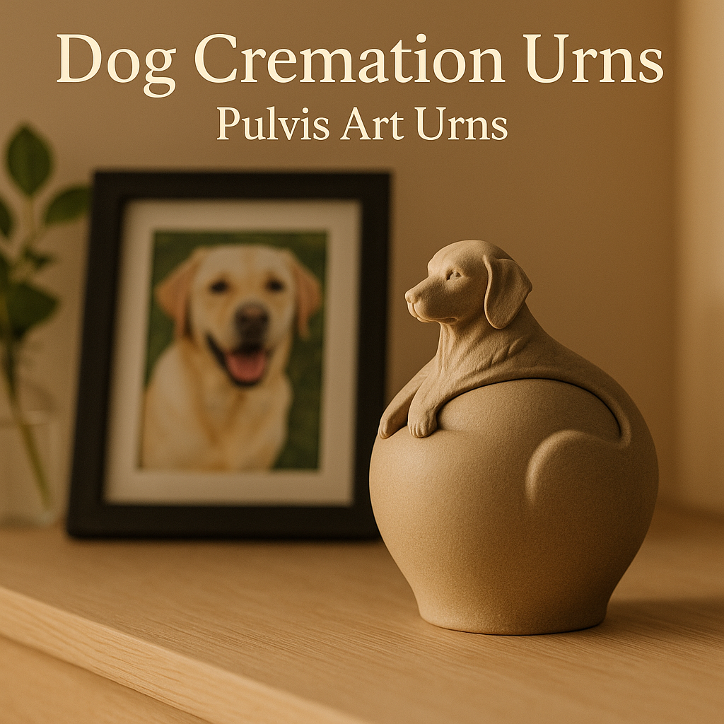 Pulvis dog cremation urn with Labrador photo in warm home setting