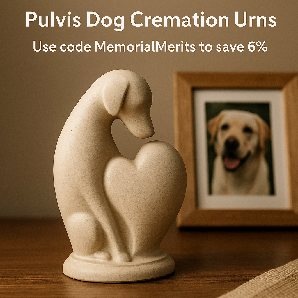 Pulvis dog cremation urn with Labrador photo and coupon code MemorialMerits overlay