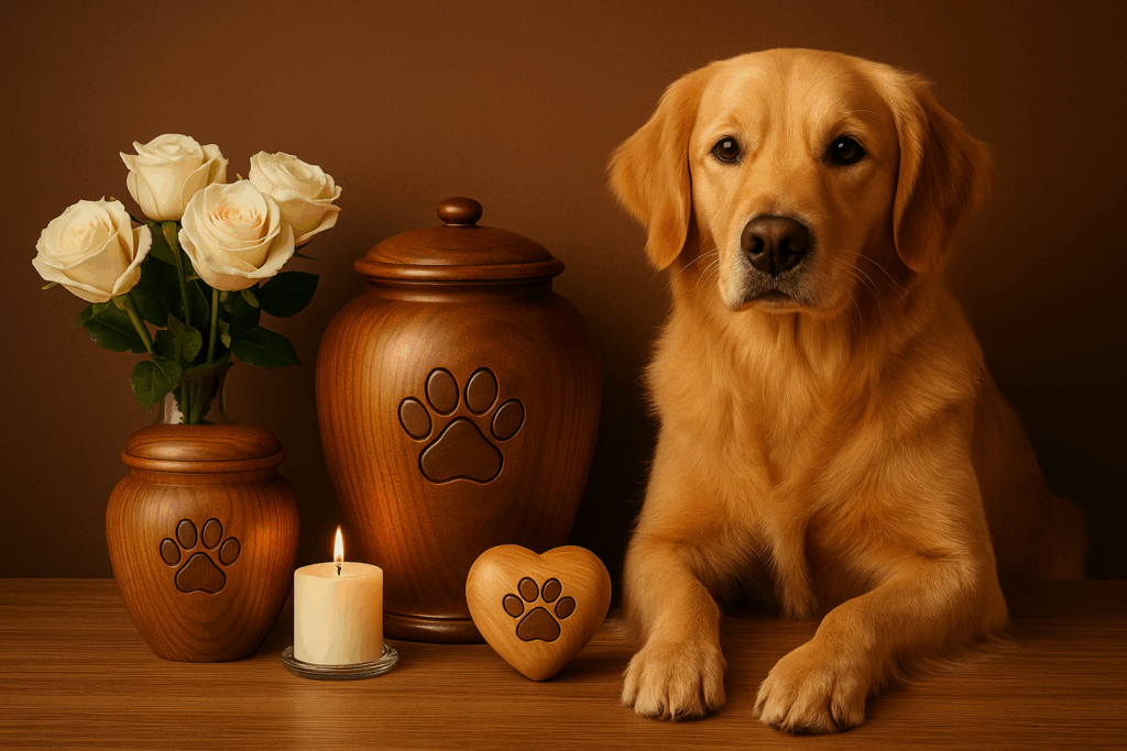 Golden retriever sitting beside wooden cremation urns with pawprint engravings, a heart-shaped keepsake, white roses, and a lit candle.
