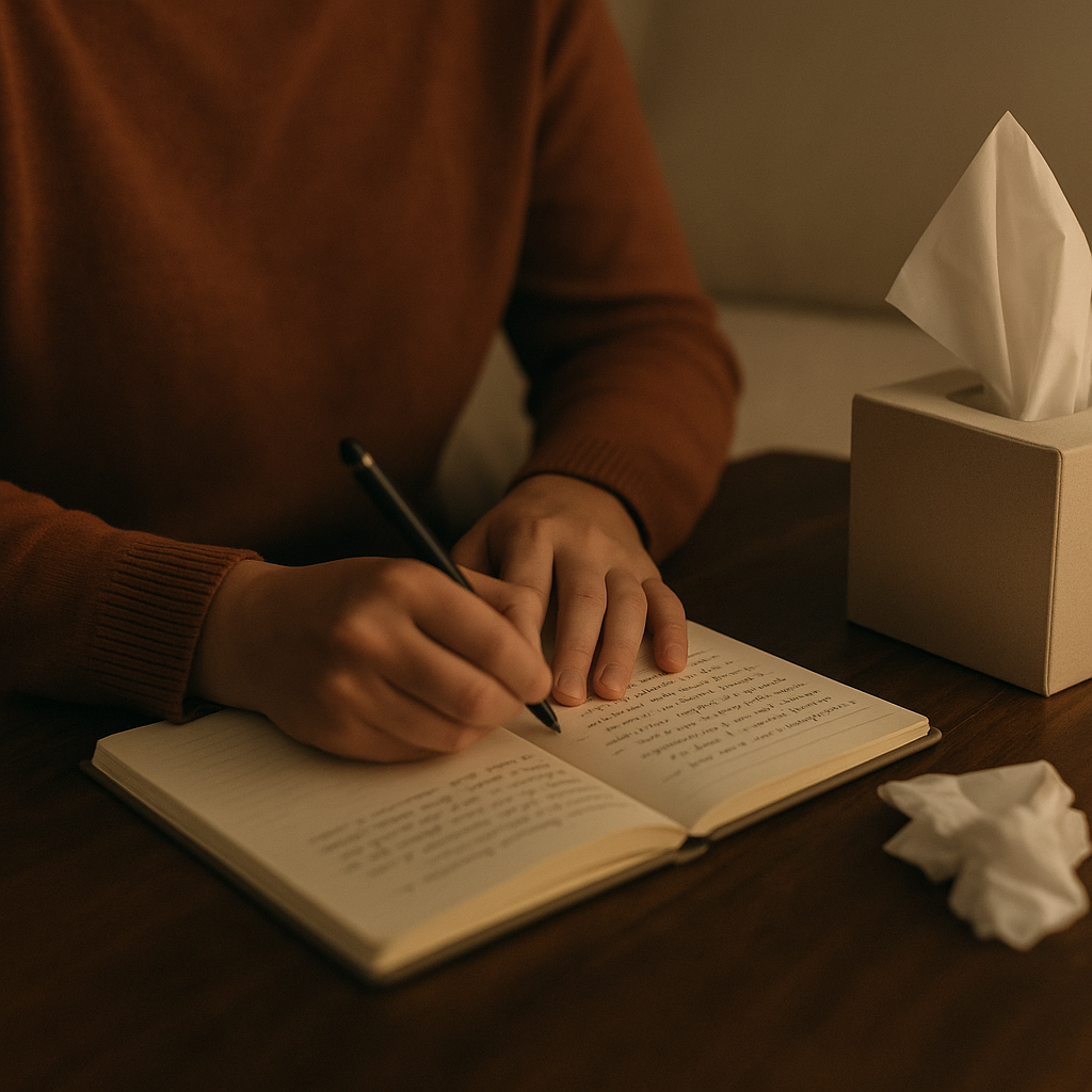 Person writing emotional memories in legacy journal with tissue box nearby, capturing intimate moment of preserving family stories and processing grief through written reflection