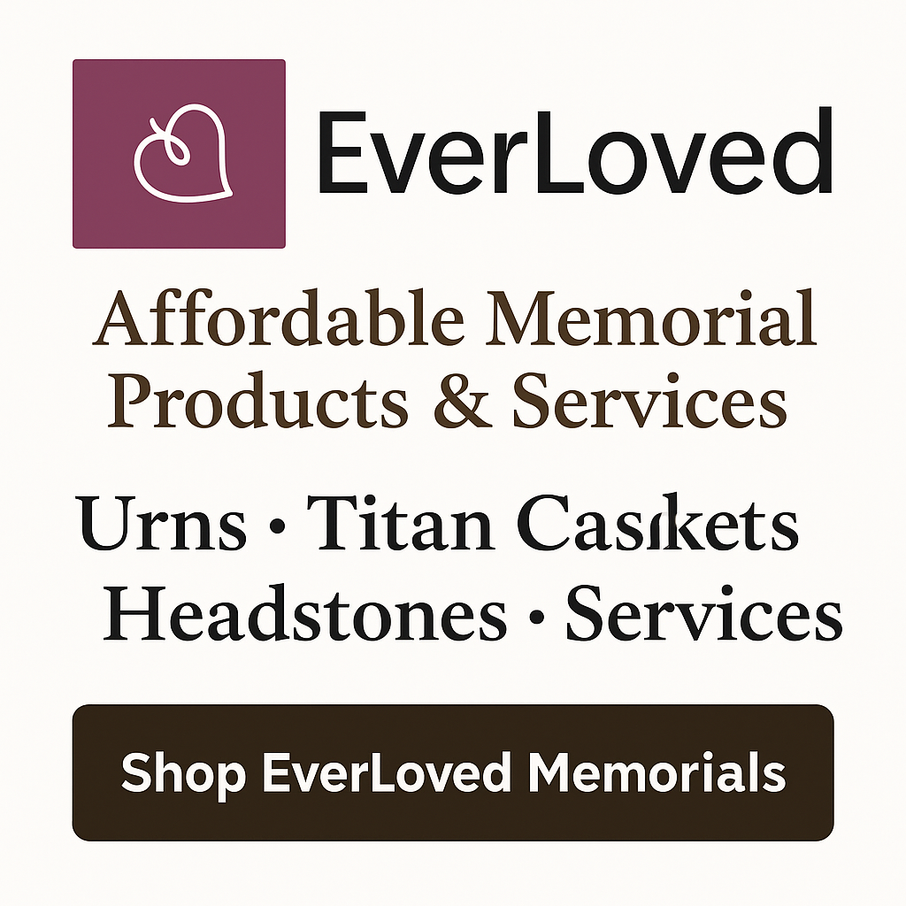 EverLoved featured image highlighting affordable urns, Titan Caskets, headstones, and memorial services with call-to-action to shop memorials.