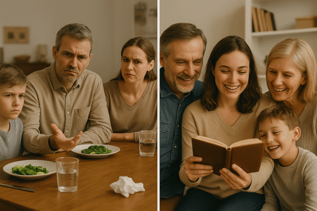 Split comparison image showing confused family at dinner table struggling with memories on left versus happy multi-generational family reading together from legacy journal on right, illustrating importance of preserved family stories