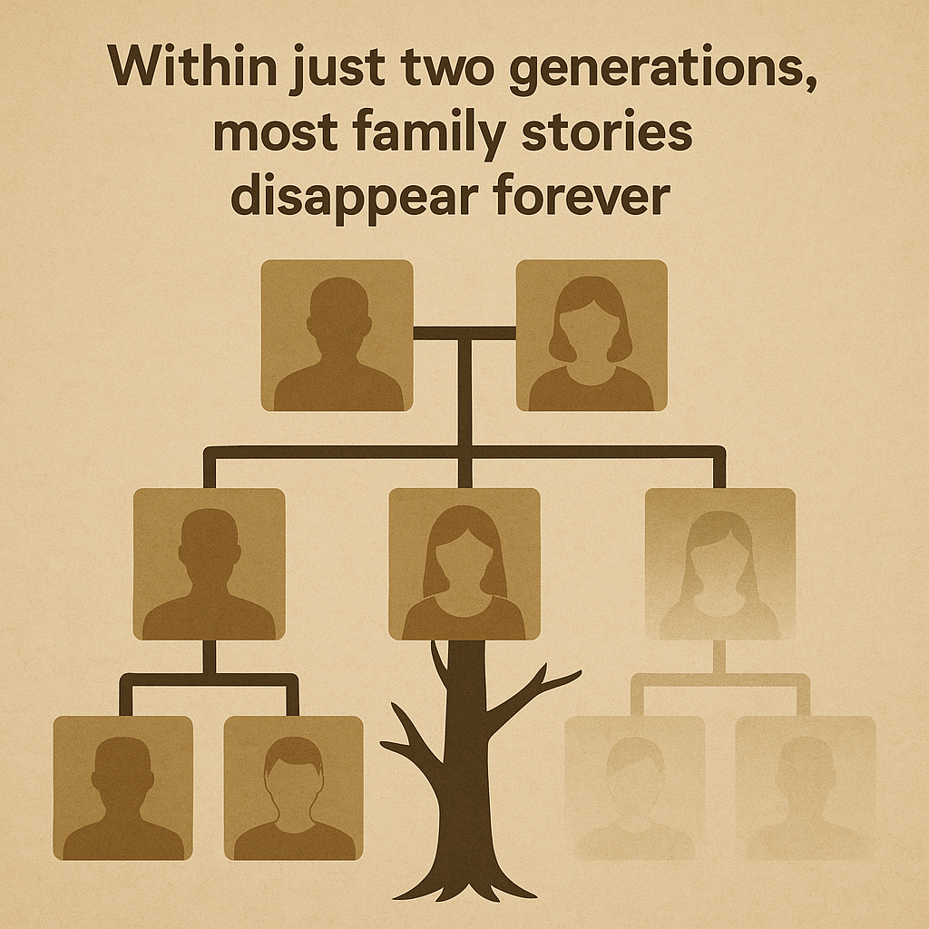 Family tree infographic showing how family stories fade over generations, with clear portraits at top becoming increasingly faded and disappearing, illustrating that most family stories disappear within two generations