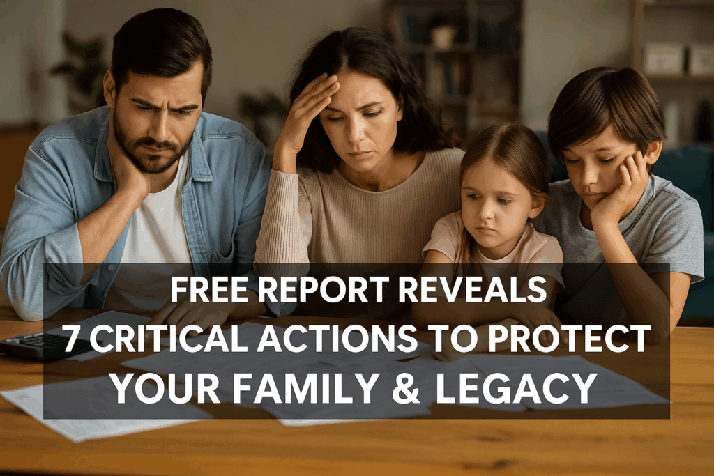 Family of four looking stressed over paperwork with bold overlay text: Free Report Reveals 7 Critical Actions to Protect Your Family & Legacy