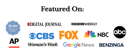 Media logos with text "Featured On" including Cake, Digital Journal, Insider Weekly, ABC, CBS, FOX, NBC, AP, Woman’s Week, Google News, and Benzinga