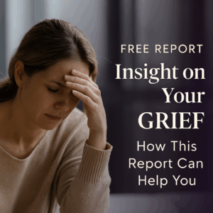 The 5 Stages Everyone Gets Wrong and What Grief Actually Looks Like Hero image for a free grief support report, showing a printed report on a desk with tea and glasses, overlay text: Free Report Reveals What Grief Really Looks Like — And the 7 Tools That Truly Help