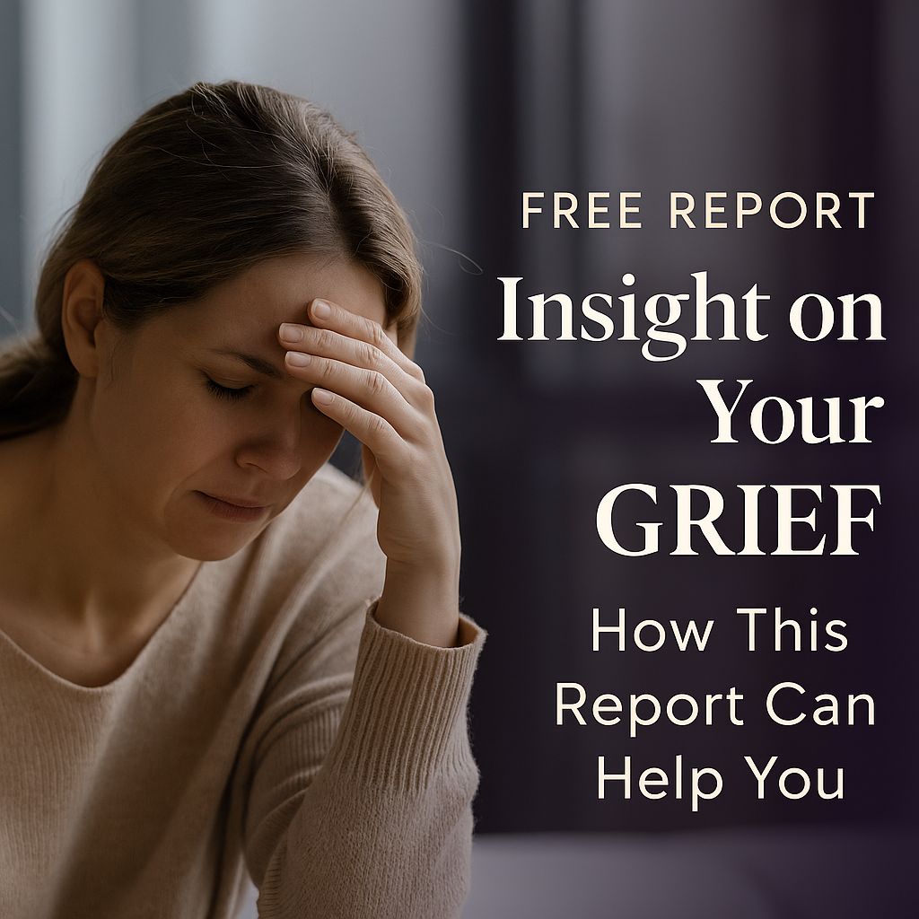 Hero image for a free grief support report, showing a printed report on a desk with tea and glasses, overlay text: Free Report Reveals What Grief Really Looks Like — And the 7 Tools That Truly Help