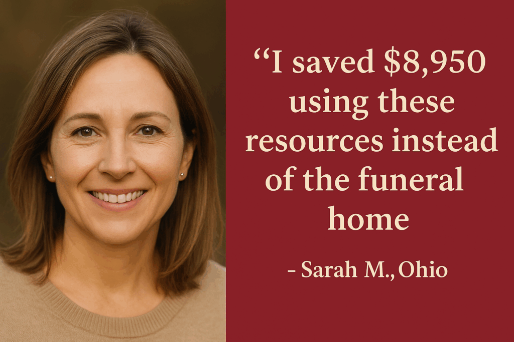 Customer testimonial showing $8,950 savings using direct funeral suppliers instead of funeral home markups