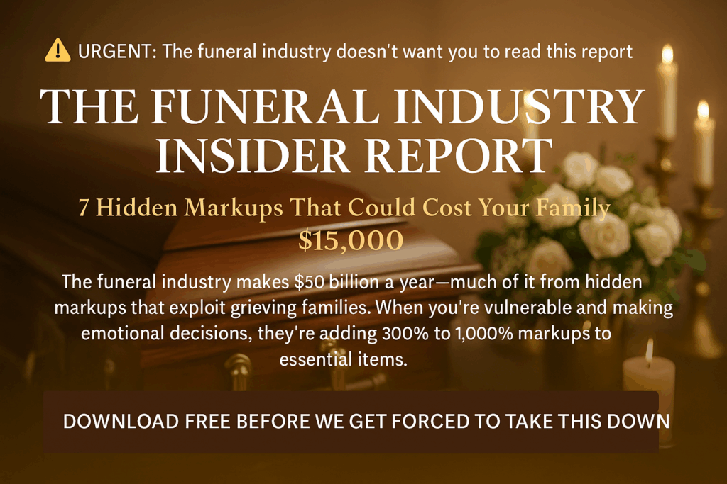 Hero image showing a grieving family with paperwork and casket brochures, overlay text: URGENT Funeral Industry Insider Report — 7 Hidden Markups That Could Cost Your Family $15,000, Download Free Before It’s Taken Down