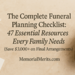 Funeral planning checklist blog header with pen, papers, white lilies, and urn background featuring the title 'The Complete Funeral Planning Checklist: 47 Essential Resources Every Family Needs