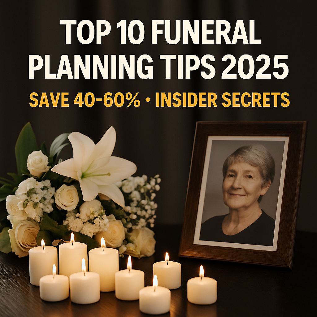 Memorial scene with framed portrait, white lilies, roses, and candles promoting Top 10 Funeral Planning Tips 2025