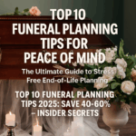 Funeral planning tips promotional image featuring polished wooden casket with coral rose, candles, pampas grass, and flowers in a serene setting.
