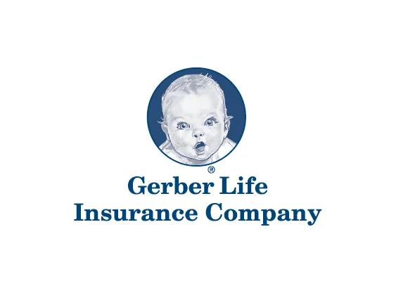 Gerber Guaranteed Life Insurance Company logo featuring a baby illustration in a blue circle with bold blue text beneath.