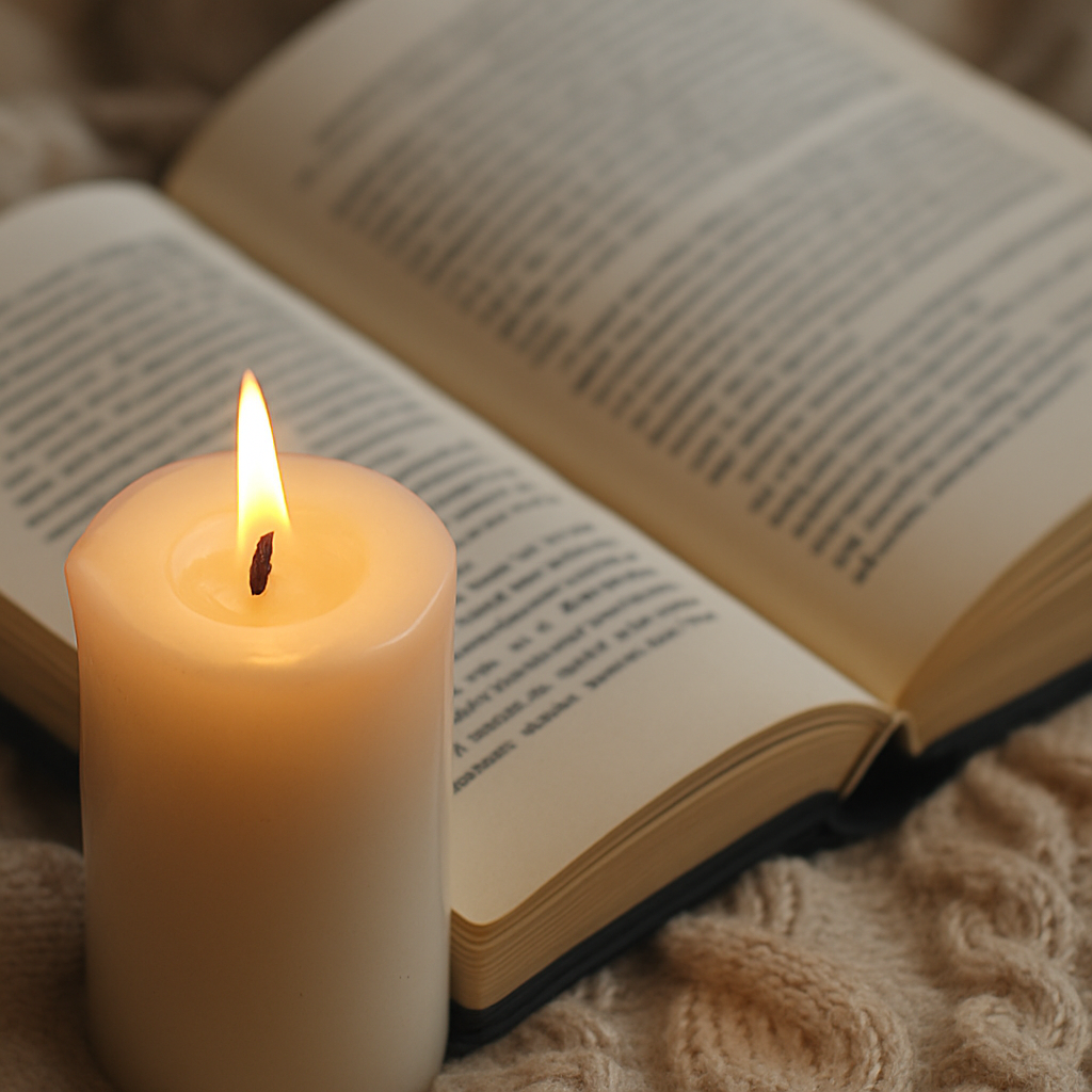 Lit candle beside open book on cozy blanket representing grief affirmations, healing reading, and peaceful reflection