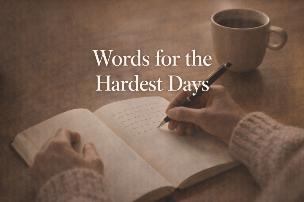 Close-up of hands writing grief affirmations in a journal with tea nearby, representing the daily practice of self-compassion during bereavement