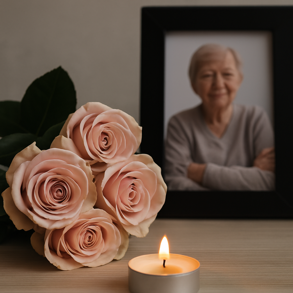 Pink roses and lit candle memorial tribute with framed photo of elderly person representing grief healing and remembrance