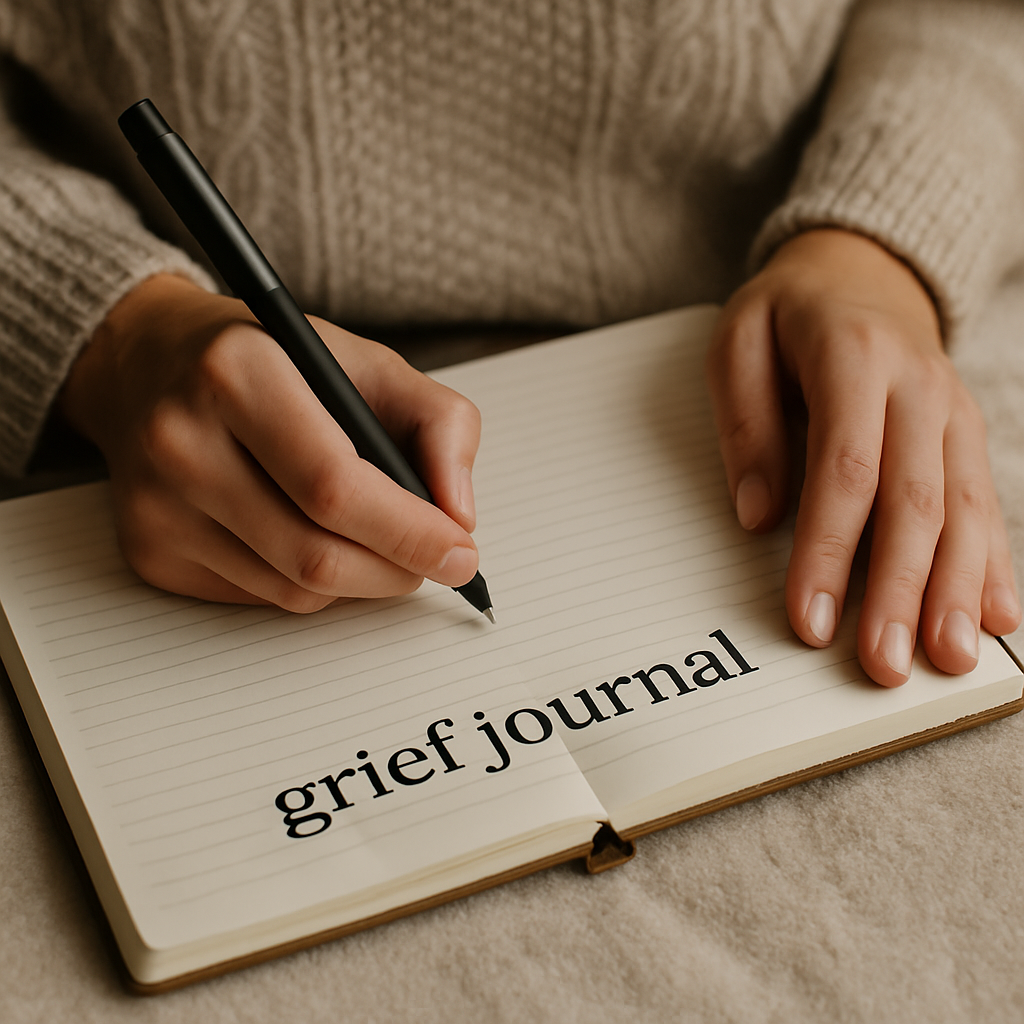 Person writing in grief journal showing therapeutic journaling as healing tool for processing emotions and loss
