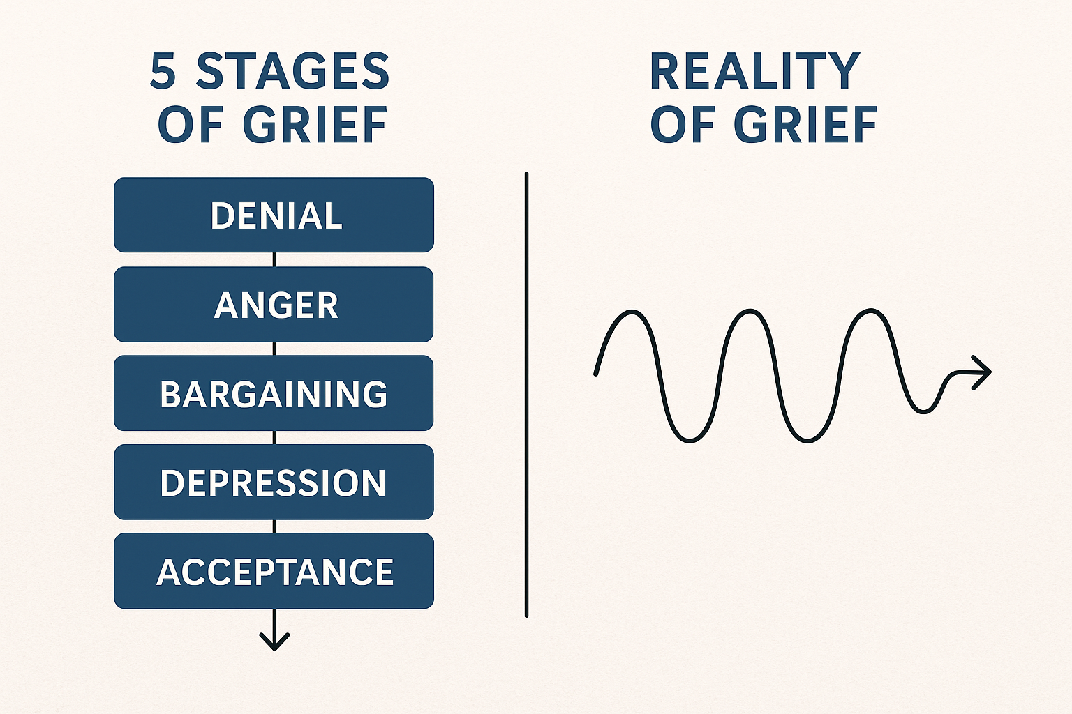 Infographic comparing linear 5 stages of grief model with realistic wave pattern showing grief's unpredictable, ongoing nature