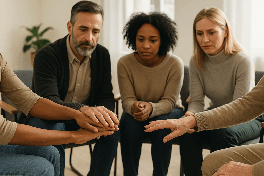 Diverse grief support group in circle with hands reaching out showing community support and professional grief counseling therapy session
