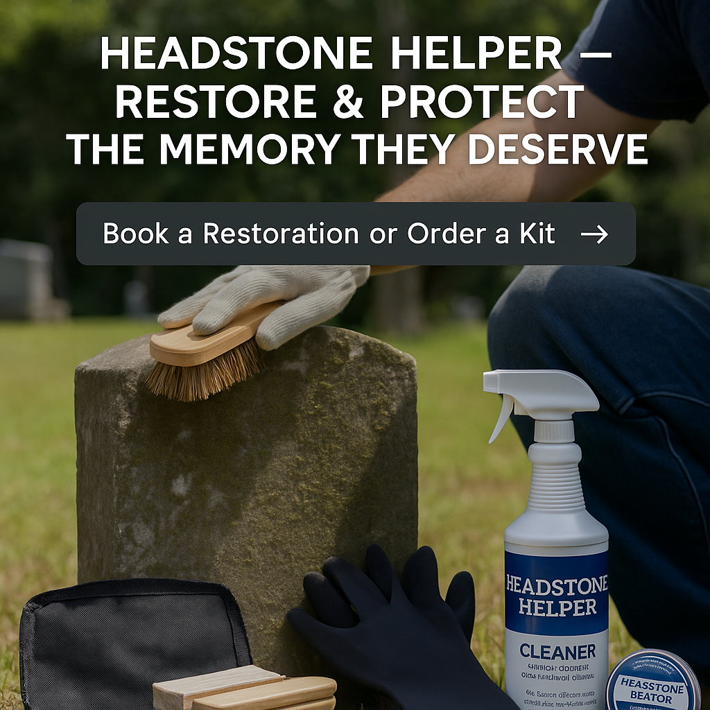 Headstone Helper hero image showing a hand cleaning a headstone with brush and cleaner, DIY kit tools nearby, symbolizing restoration and remembrance