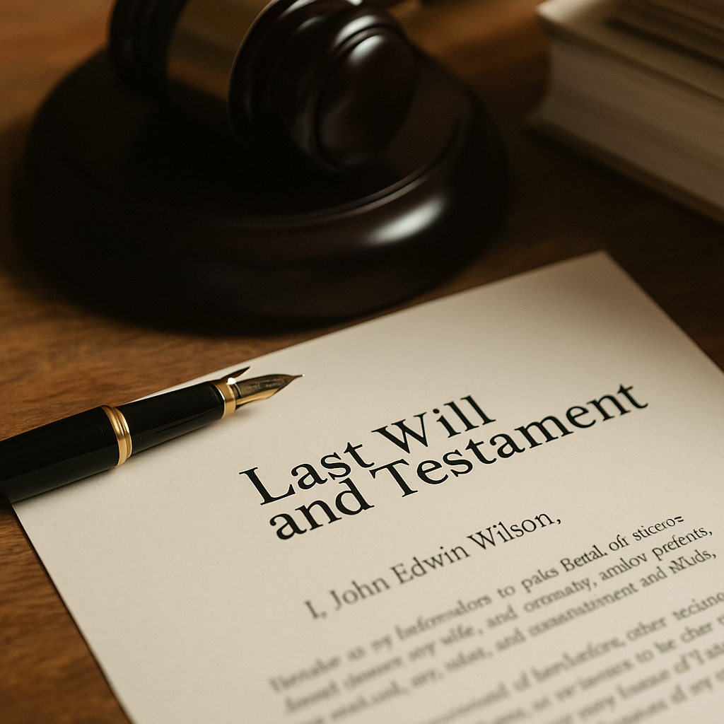 Close-up of a Last Will and Testament document with a fountain pen and gavel, symbolizing estate planning and legal preparation.