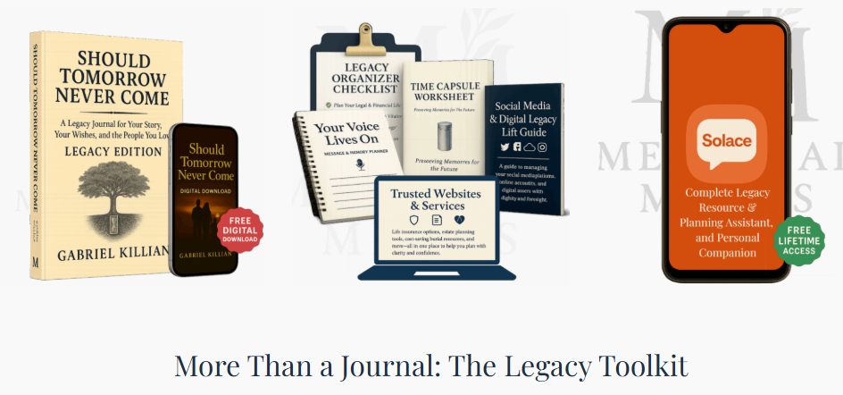 Legacy journal complete toolkit showing physical journal, Solace mobile app, digital worksheets, checklists, and bonus resources with text "More Than a Journal: The Legacy Toolkit"