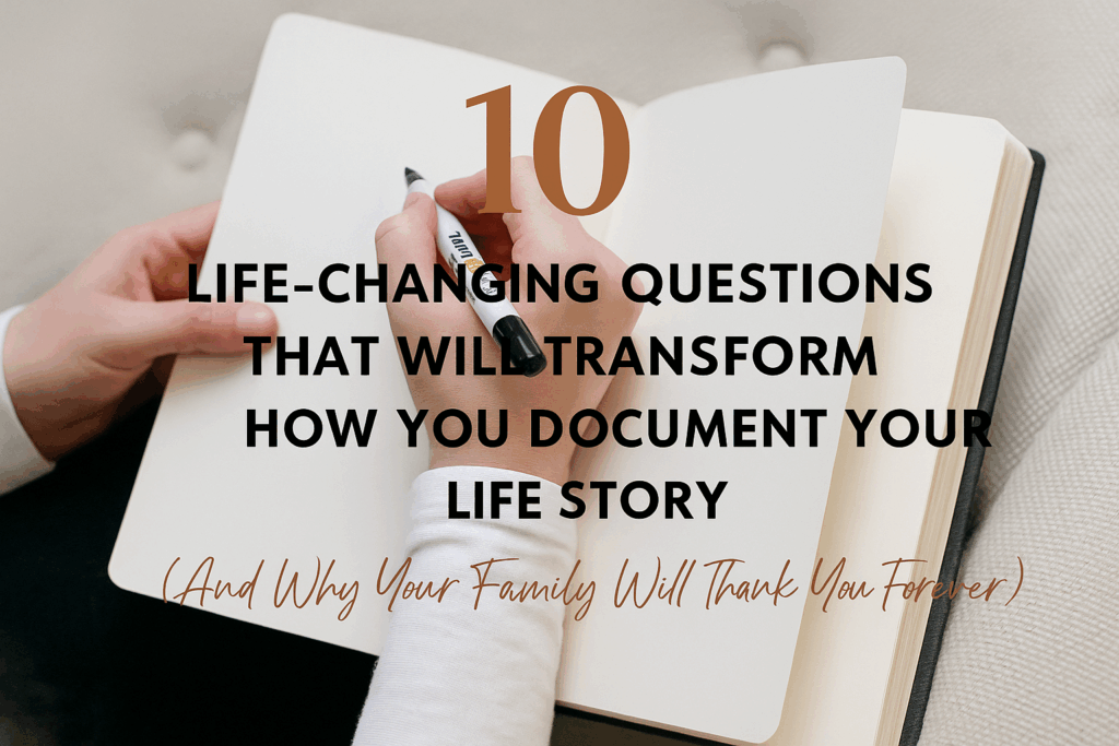 Open hardcover journal with a pen resting on the page, featuring the text “10 Life-Changing Questions That Will Transform How You Document Your Life Story”