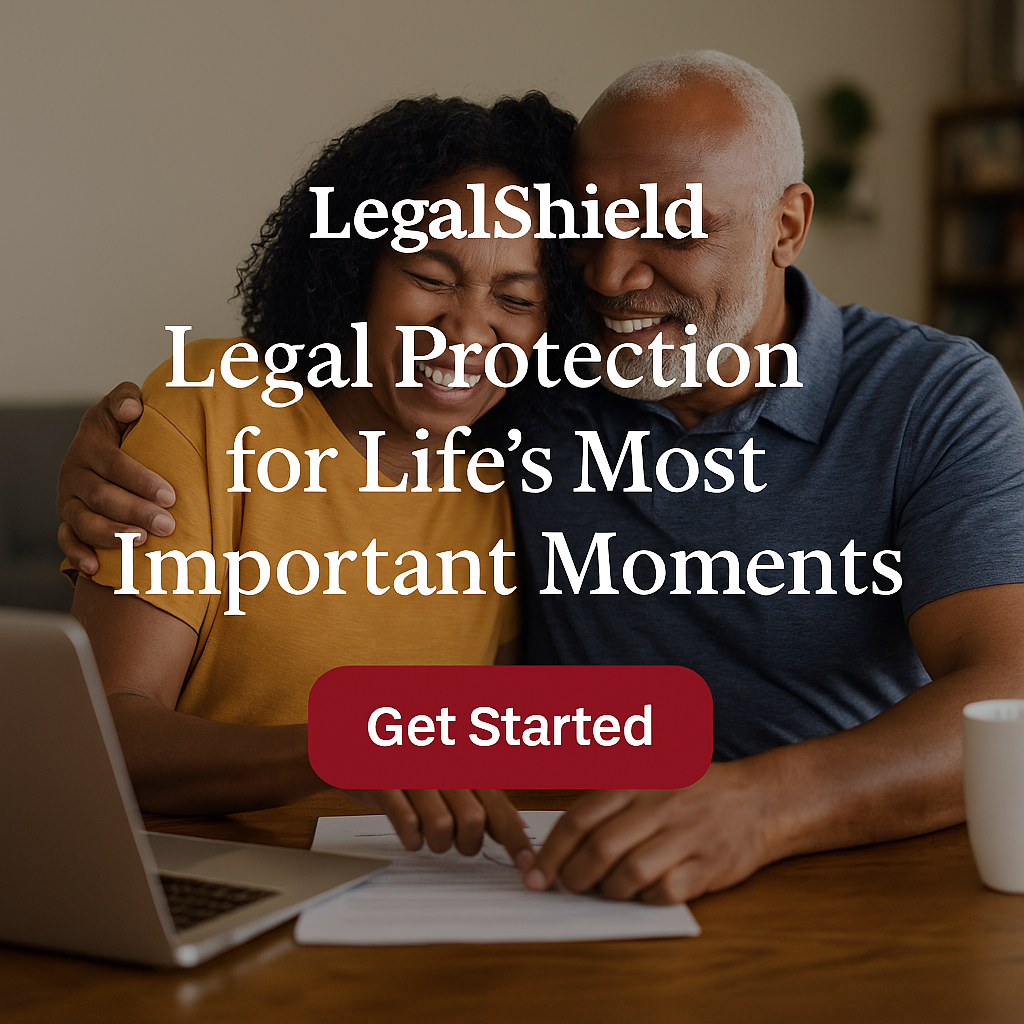 Smiling couple reviewing documents at home, representing LegalShield’s affordable legal protection and estate planning services