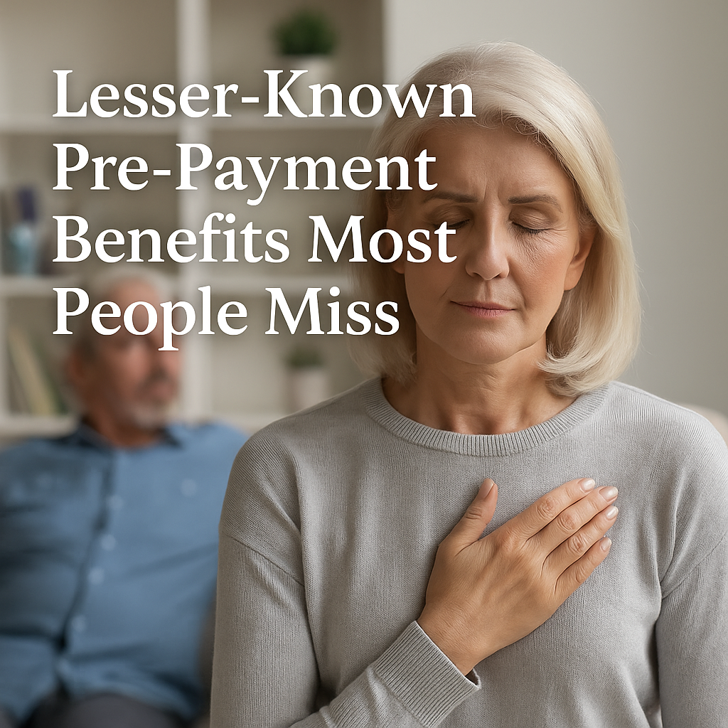 Peaceful senior woman with hand on heart and eyes closed, with blurred elderly man in background, representing the emotional relief and hidden benefits of pre-paid cremation planning