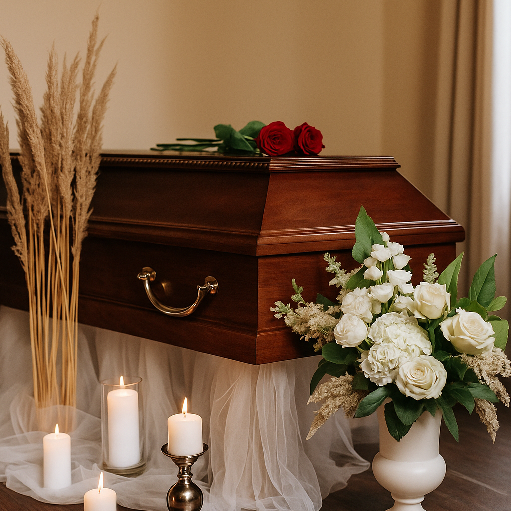 Elegant funeral arrangement with polished mahogany casket, white roses, pampas grass, and candles.