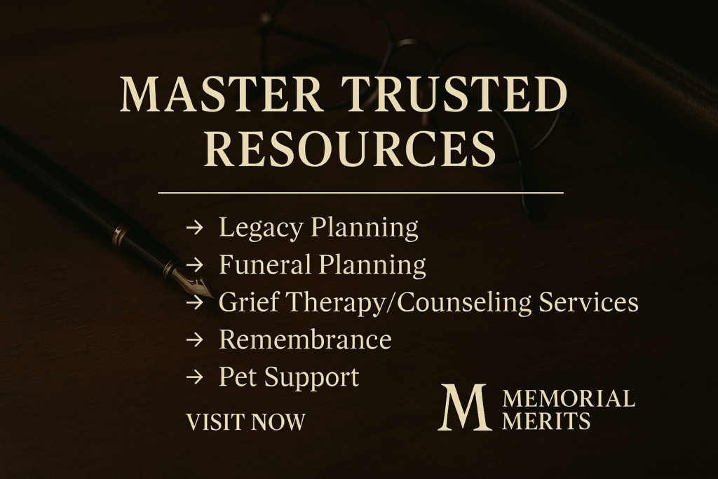 Memorial Merits Master Trusted Resources banner listing Legacy Planning, Funeral Planning, Grief Therapy, Remembrance, and Pet Support