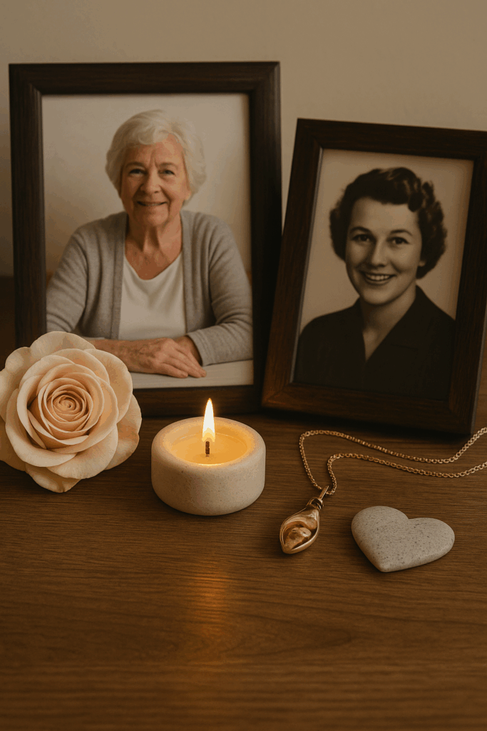 Memorial display with framed photos, lit candle, rose, and cremation jewelry showing meaningful ways to honor and remember loved ones