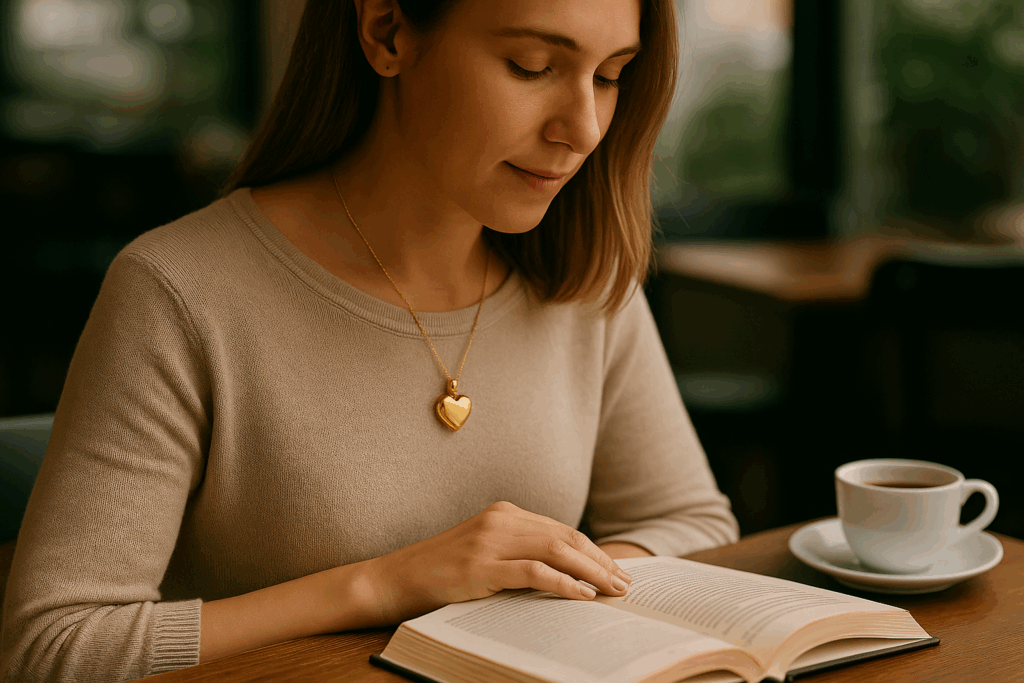 Woman wearing a memorial pendant necklace while reading in a café, showing how cremation jewelry fits naturally into everyday life.