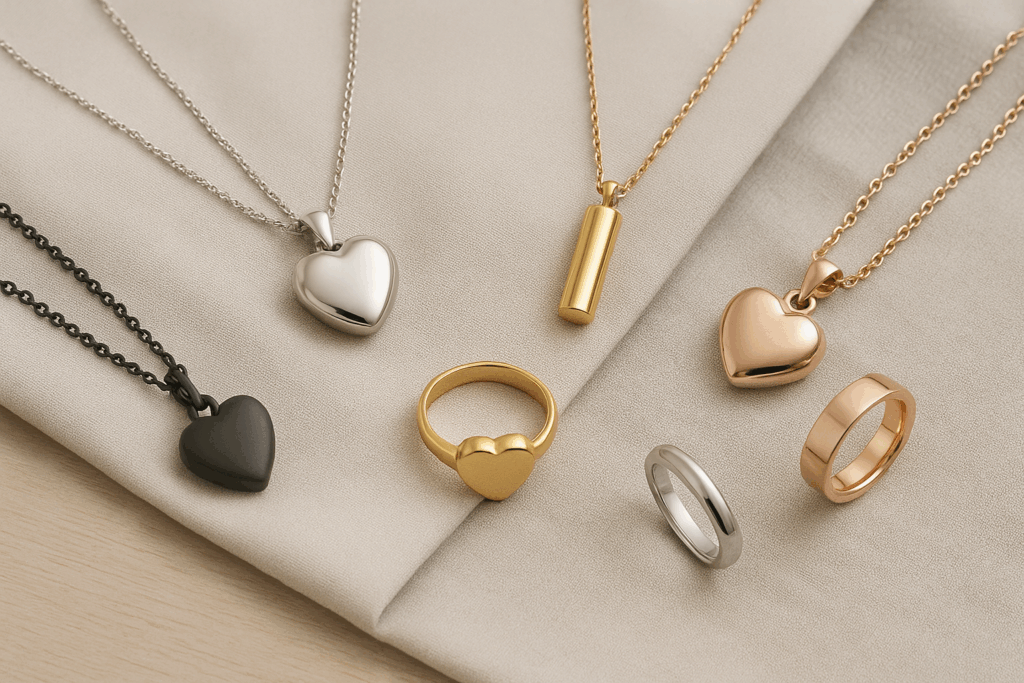 Flat lay of memorial jewelry including necklaces, rings, and bracelets in silver, gold, rose gold, and black stainless steel displayed on soft fabric.