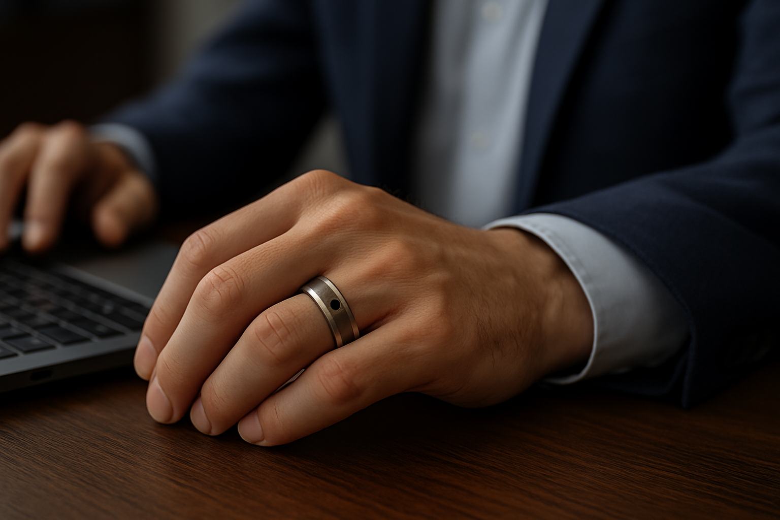 Close-up of a man’s hand wearing a stainless steel memorial ring while typing on a laptop in a professional office setting.