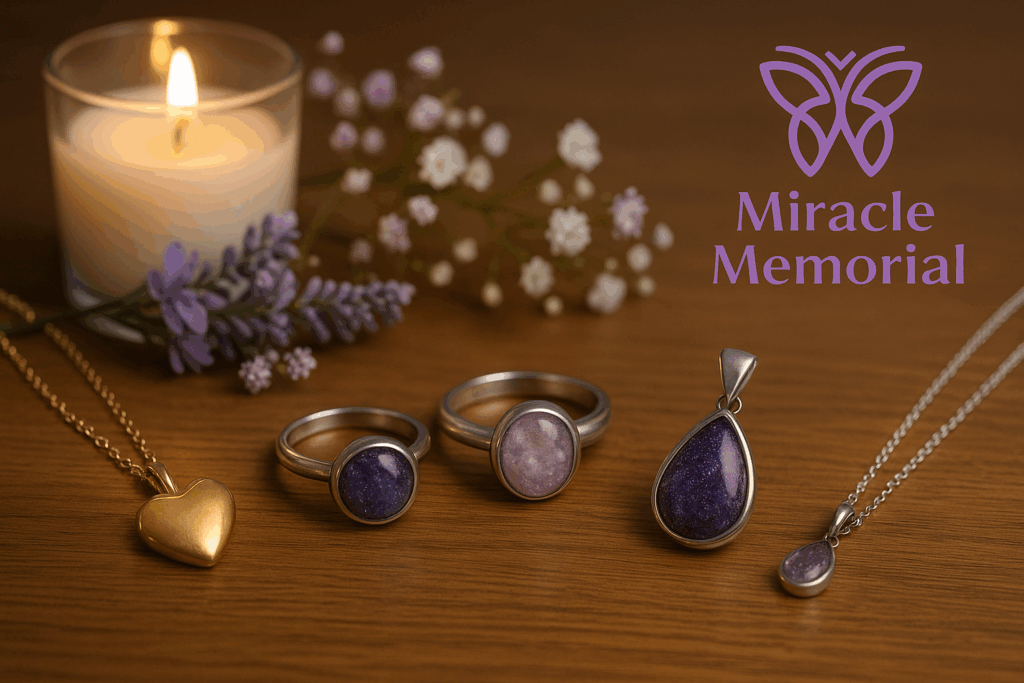Miracle Memorial ash jewelry and rings with purple accents displayed on a wooden table with flowers, candlelight, and the Miracle Memorial butterfly logo