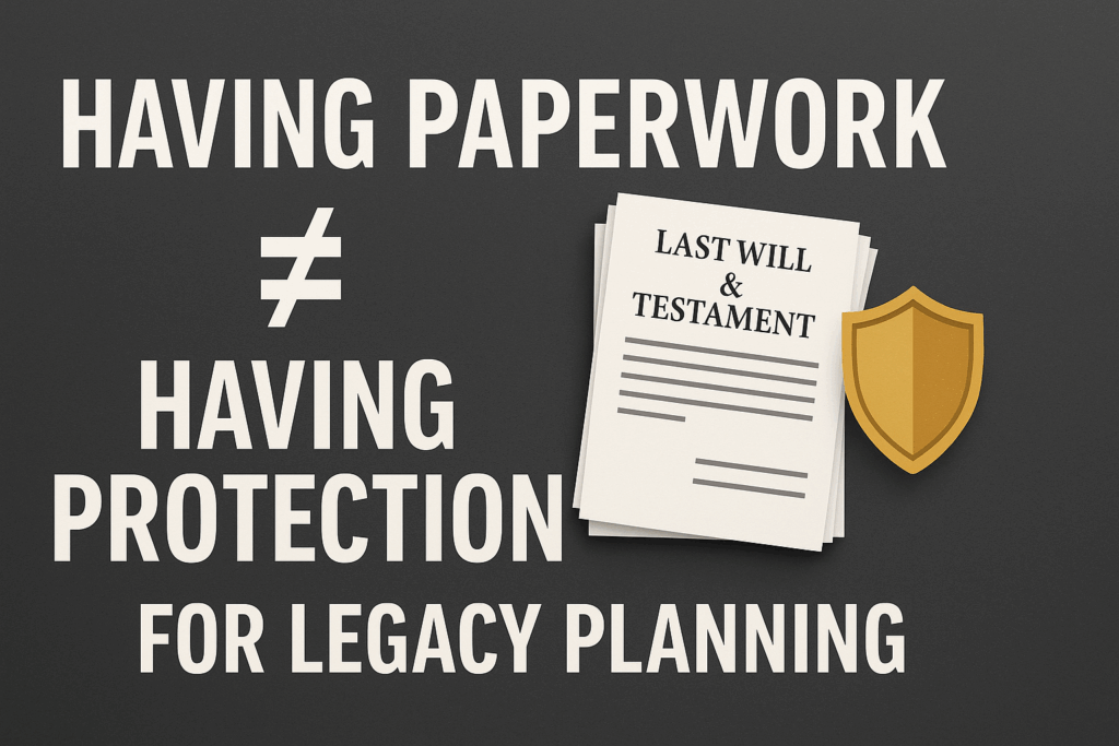 Stack of legal paperwork labeled Last Will & Testament next to a gold shield with the words “Having Paperwork ≠ Having Protection for Legacy Planning