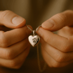 Hands gently holding a heart-shaped pet memorial pendant necklace with paw print design, representing the emotional connection of pet cremation jewelry